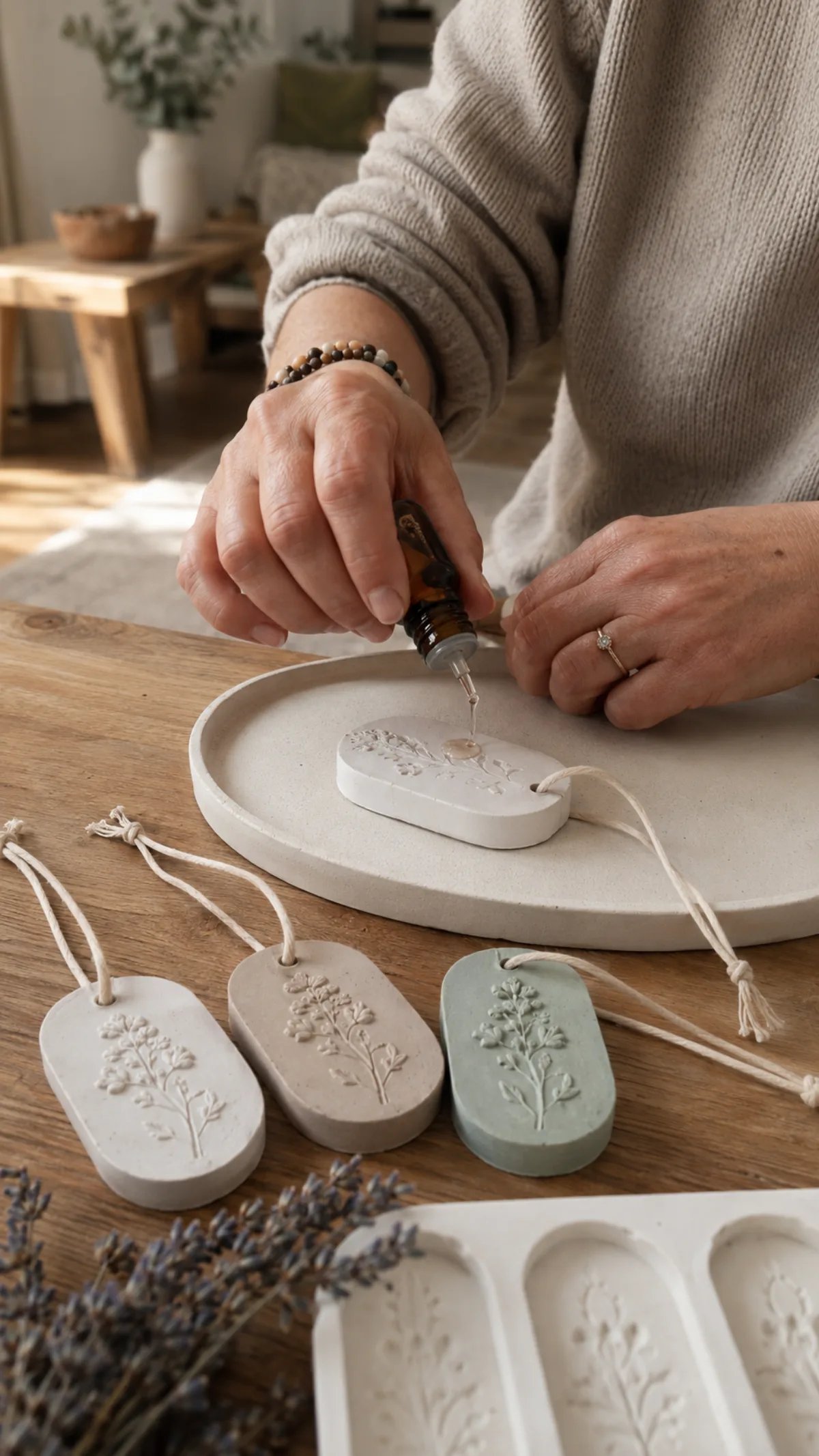 Freshly cast aroma stones on a tray, beside the molds