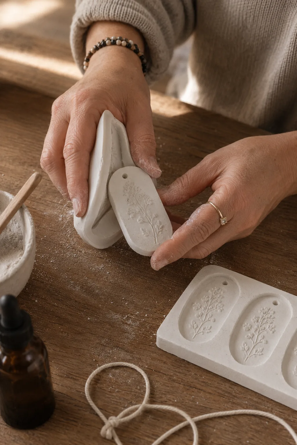 Hands lifting a finished scented stone out of a silicone mold